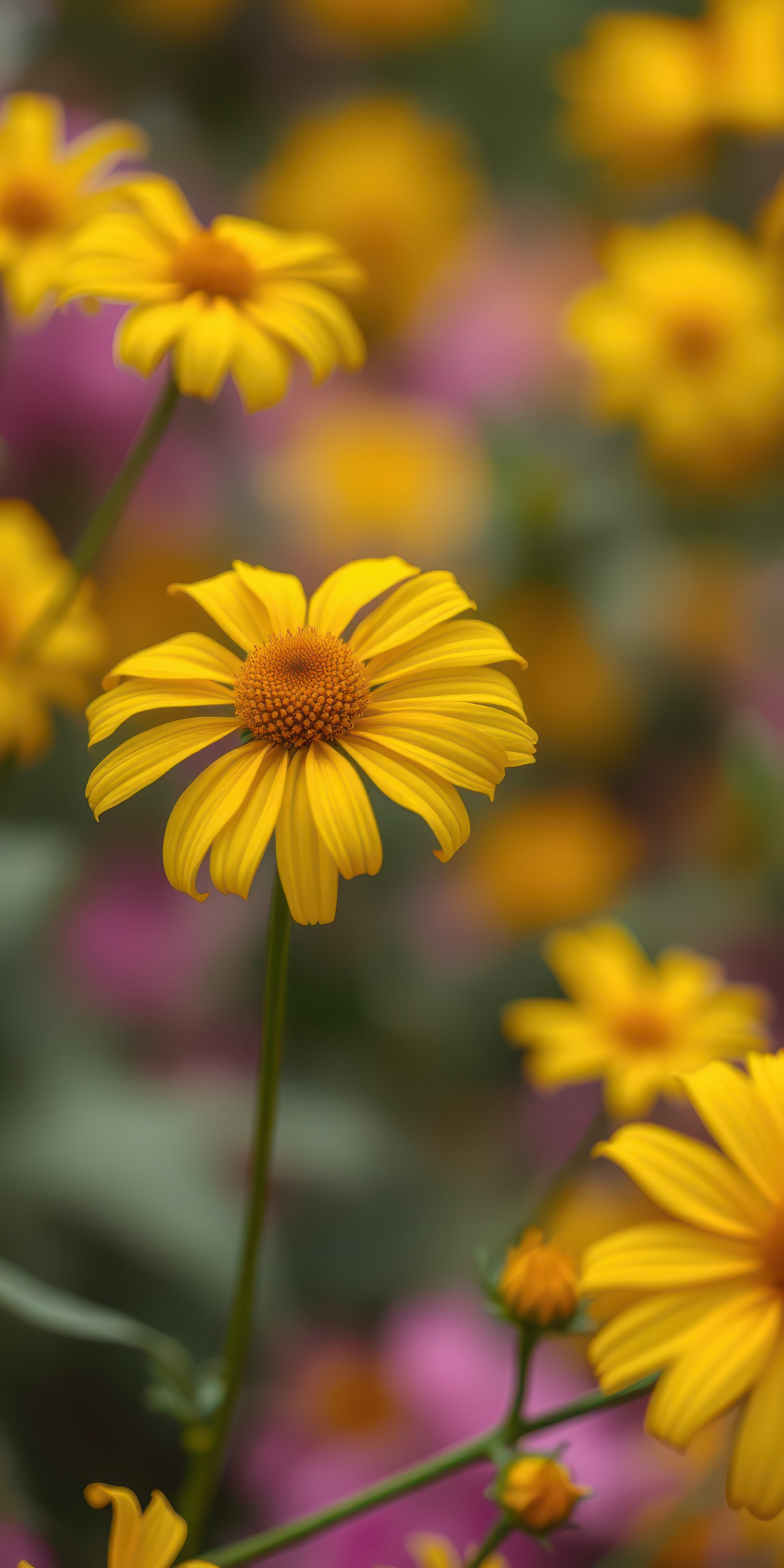Bright yellow flowers bloom in a vibrant garden during spring near a serene landscape